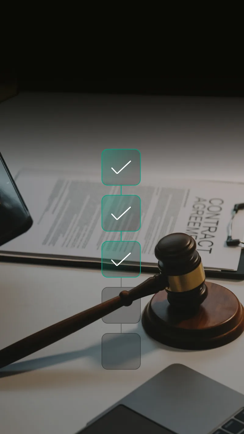 Legal contract document with a gavel and checklist icons representing due diligence, deal structuring, and compliance