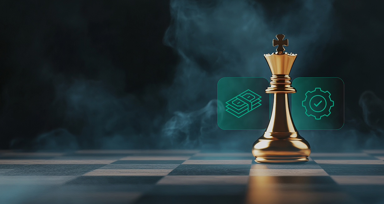 Strategic Leadership and Financial Execution A chess king piece symbolizing strategic leadership, with financial and operational icons